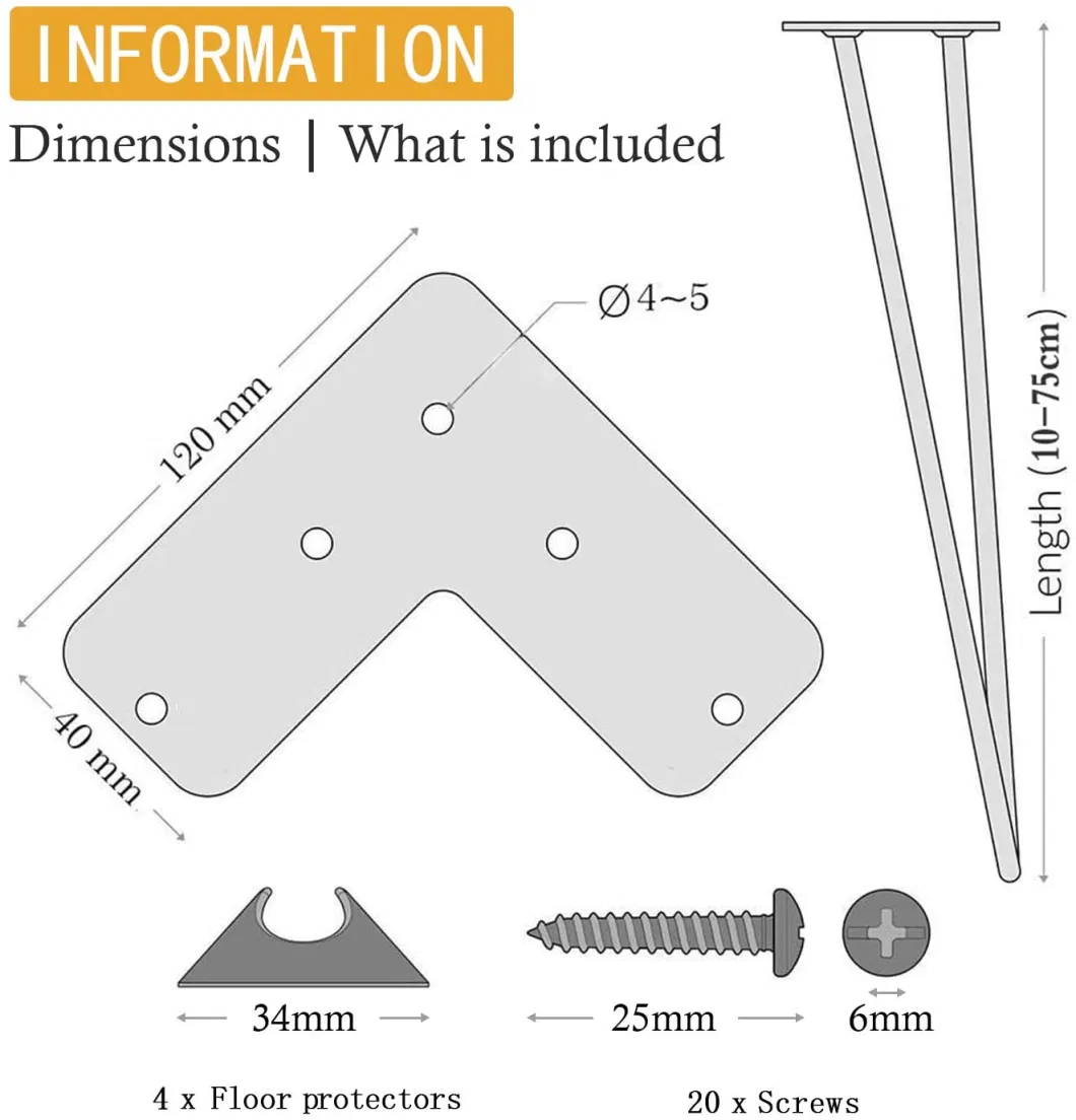 Mesa Patas Hairpin Patas a Horquilla PARA Mesa De Acero Patas Muebles Robustas Con Tornillos Y Bases Protectoras