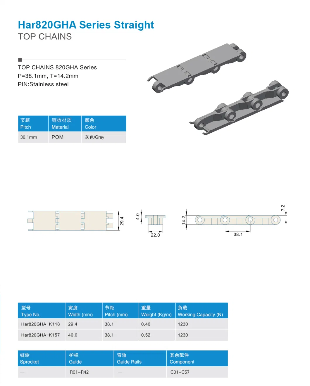 Hairise Long Wear Life POM Plastic Flat Top Conveyor Chain (Har820GHA)