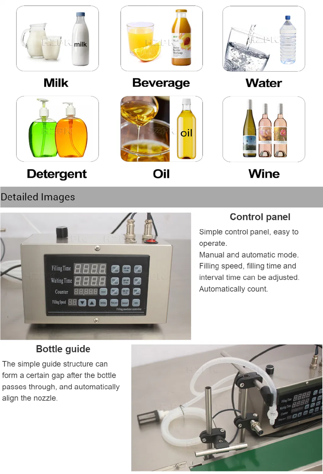 Hzpk Automatic Liquid Filling Machine with Conveyor Belt Glass Plastic Bottle Perfume Water Liquid Lotion Essential Oil Filler