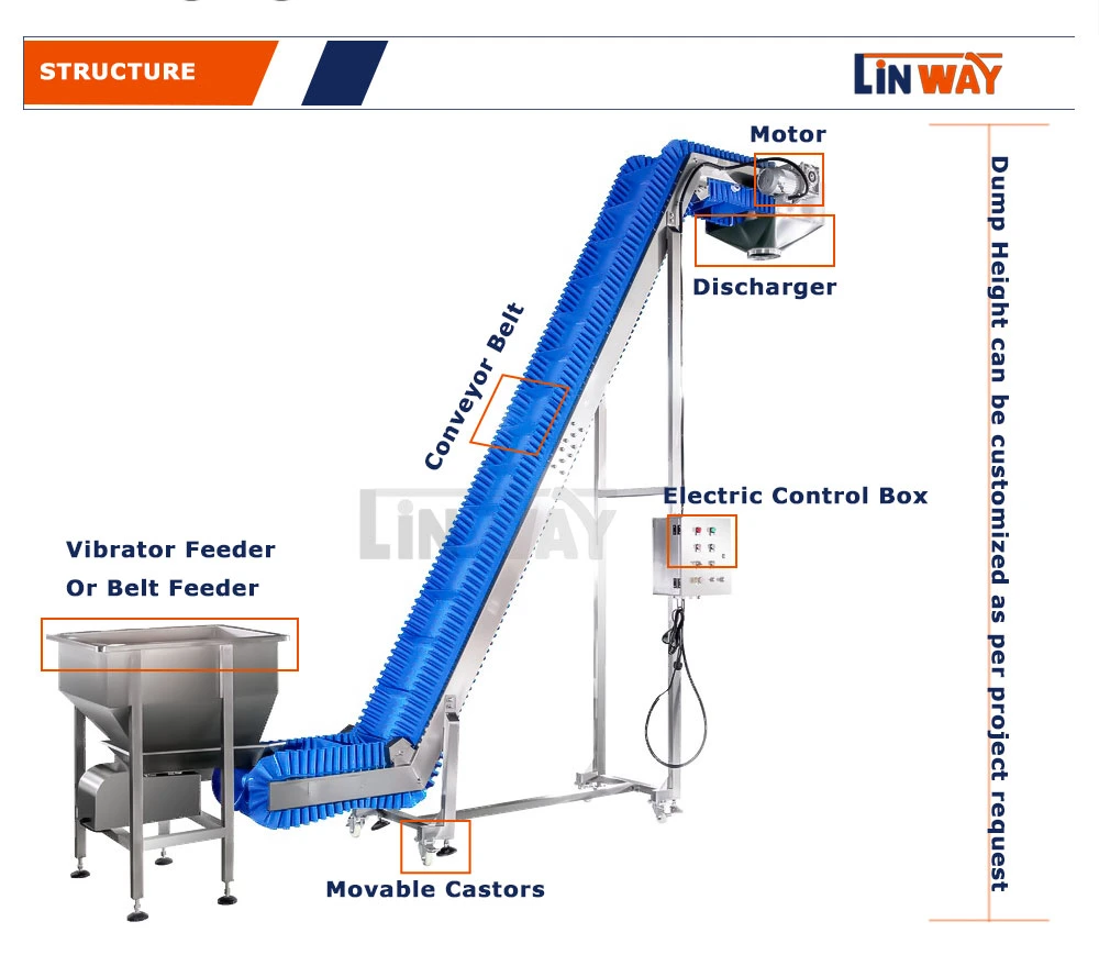 Linway Cheap Stainless Steel Frame Plastic Modular Inclined Belt Lifting Conveyor for Pickled Radishes