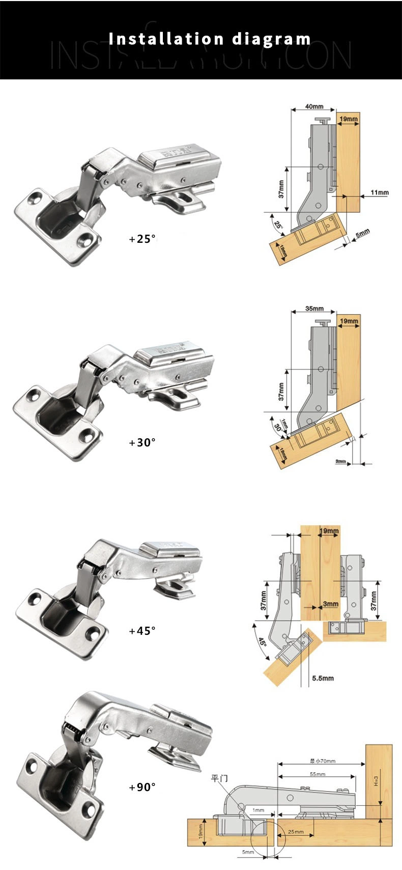Multiple Angles Fixed/Removable Hydraulic Damper Buffer Cabinet Door Cabinet Hardware Furniture Hinges