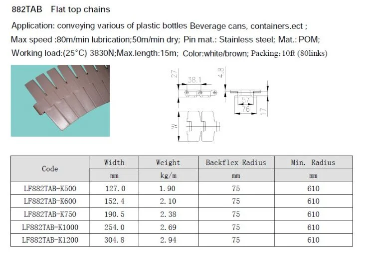Thermoplastic Conveyor Chains Lf882tab-K1200 304.5mm Flat Top Conveyor Radius Chains