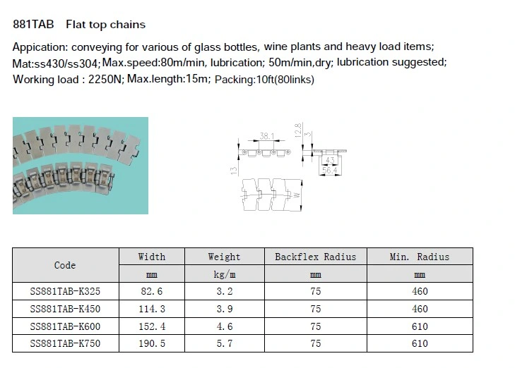 Ss881-K325 Sideflex Conveyor Flat Top Chains Stainless Steel Radius Conveyor Chains
