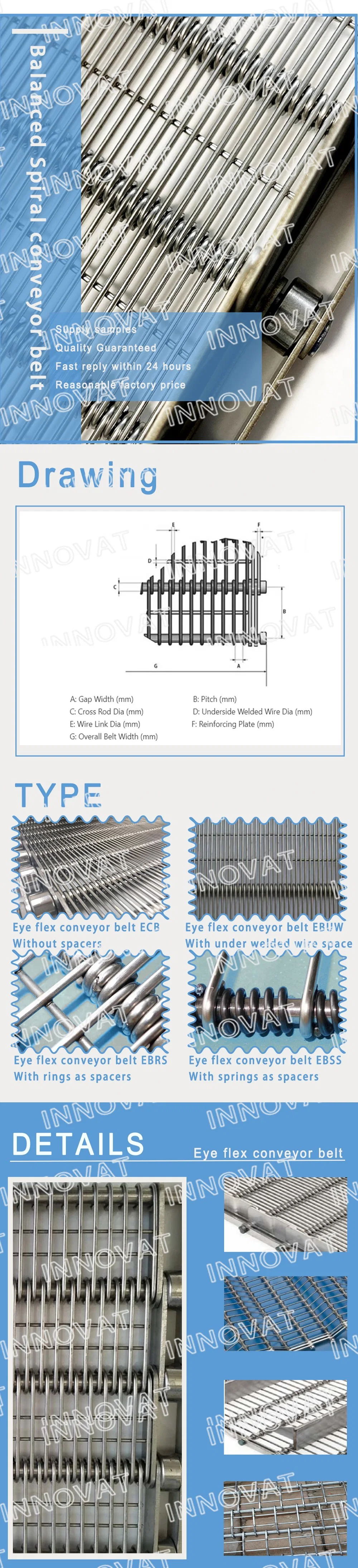 Eye Link Conveyor Belt System with Chain Roller SUS 304 /316 Stainless Steel Conveyor Belt Food or Sea Fish Usage PVC Conveyor Belt Mesh Belt
