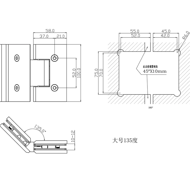 Hot Sale Solid Brass Brass Straight Right Angle 135 Degree Glass Shower Hinge for Double Swing Door