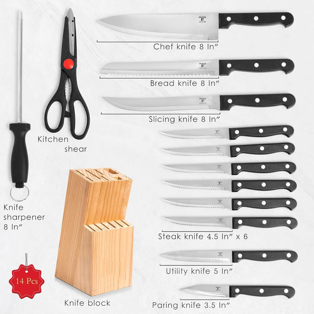 Ds-4418 Amazon Basics 14-Piece Premium Kitchen High-Carbon Stainless Steel Blades Pine Wood Knife Block Set with Best Seller, Black