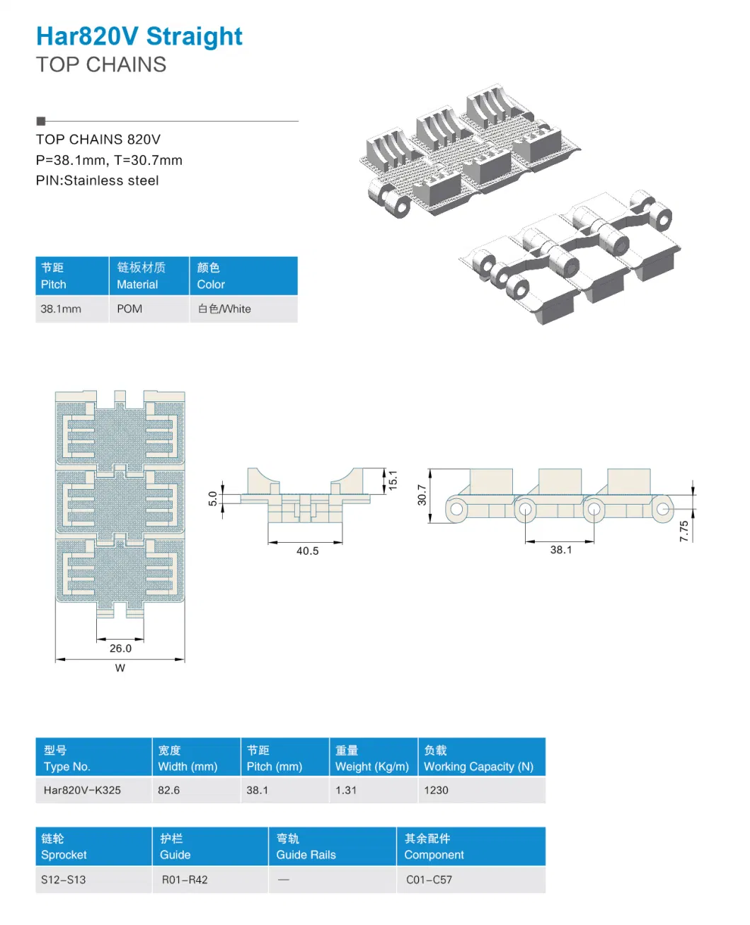 Plastic Flat Table Top Chain 820V for Bottle Filling Machine