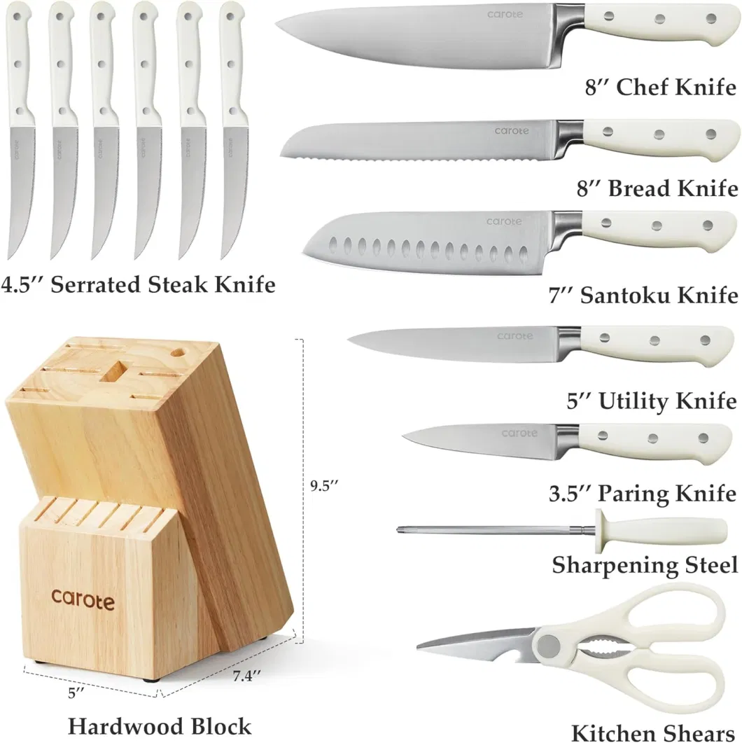 Ds-4402 New Kitchen Knife Set - 14 PCS Knife Set with Wooden Block Stainless Steel Knives Dishwasher Safe with Sharp Blade Ergonomic Handle Forged White