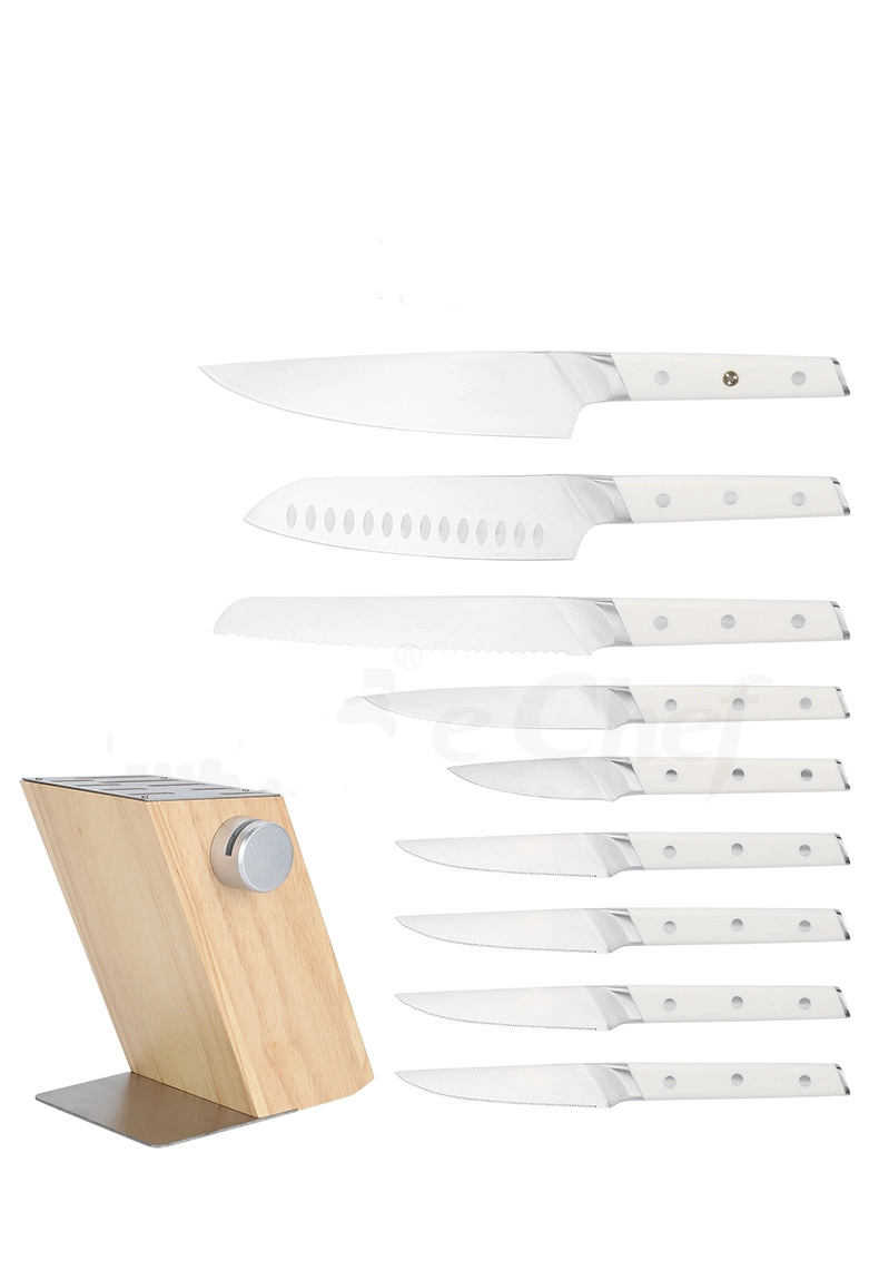 Ds-4411 New Forged Triple Rivet Knife Block Set, High-Carbon Kitchen Knife Set with Ergonomic Handles, 10-Piece Set, Razor-Sharp Knife Set, White