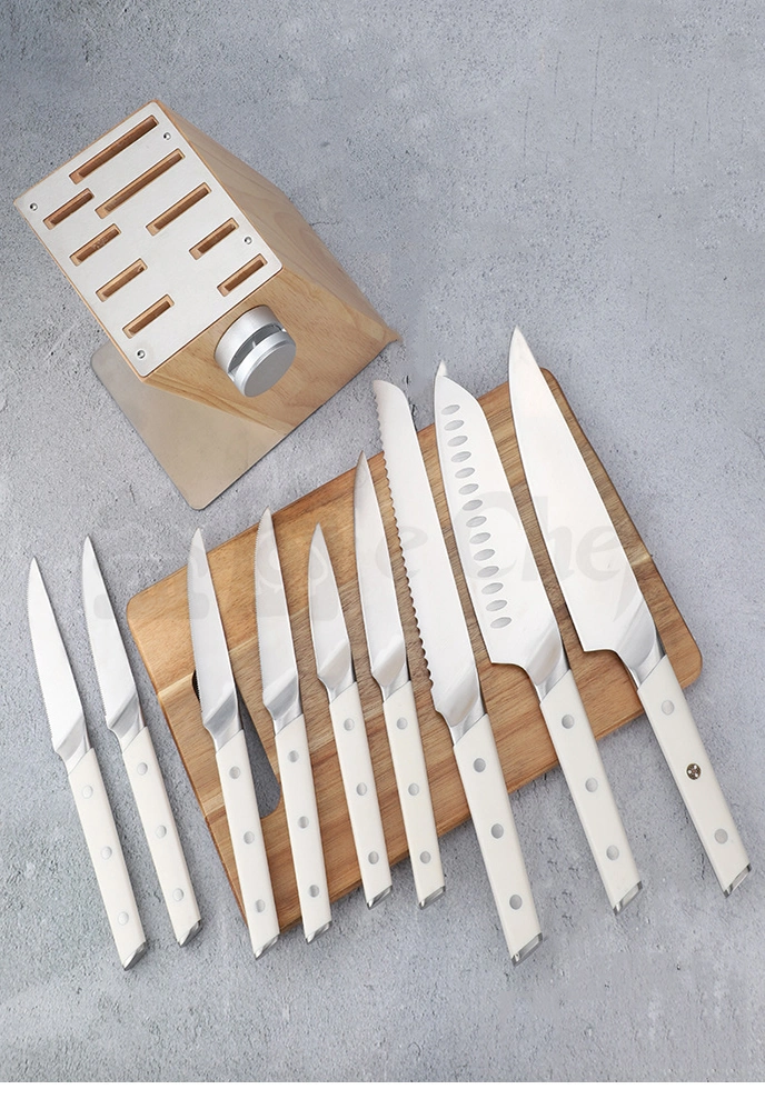 Ds-4411 New Forged Triple Rivet Knife Block Set, High-Carbon Kitchen Knife Set with Ergonomic Handles, 10-Piece Set, Razor-Sharp Knife Set, White