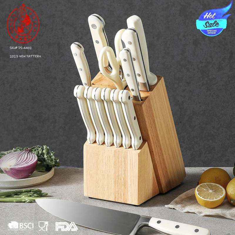 Ds-4402 New Kitchen Knife Set - 14 PCS Knife Set with Wooden Block Stainless Steel Knives Dishwasher Safe with Sharp Blade Ergonomic Handle Forged White