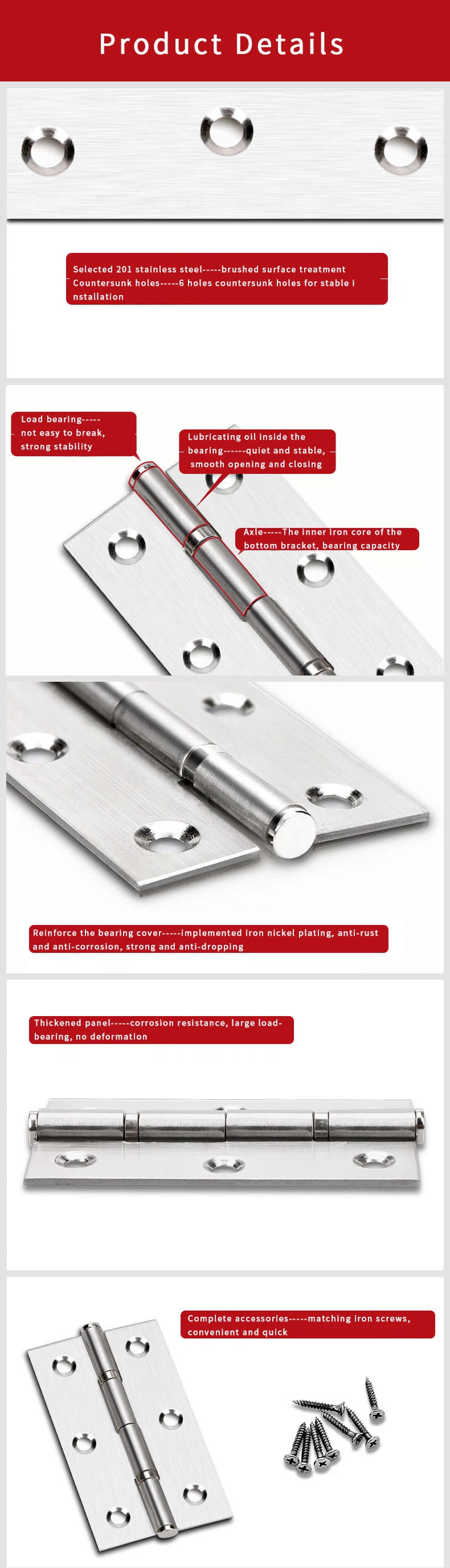 Bearings Drawing Mute Small Stainless Steel Hinges for Wooden Box with Screws