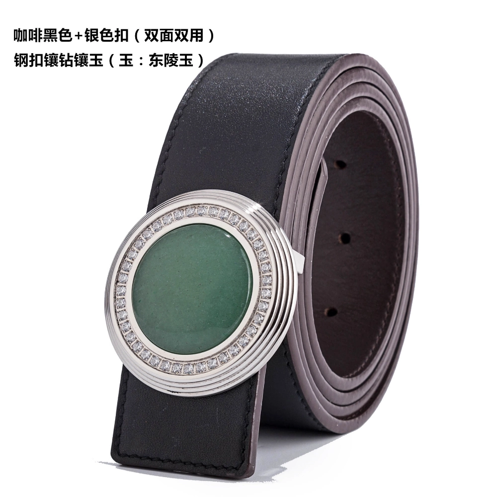 Men&prime; S Corset Belt with Diamond and Jade Inlay (jade: Dongling Jade) Imported Top Layer of Cowhide with Reversible Strap