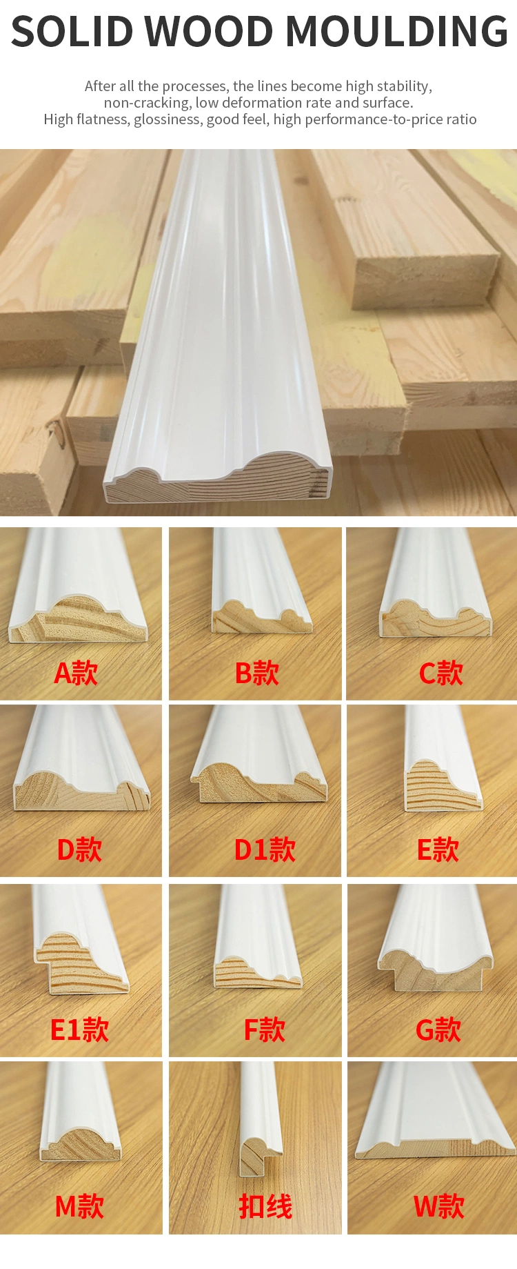 Wear Resistant Baseboard Moulding Crown Flat Trim Wood Decorative Ceiling Mouldings