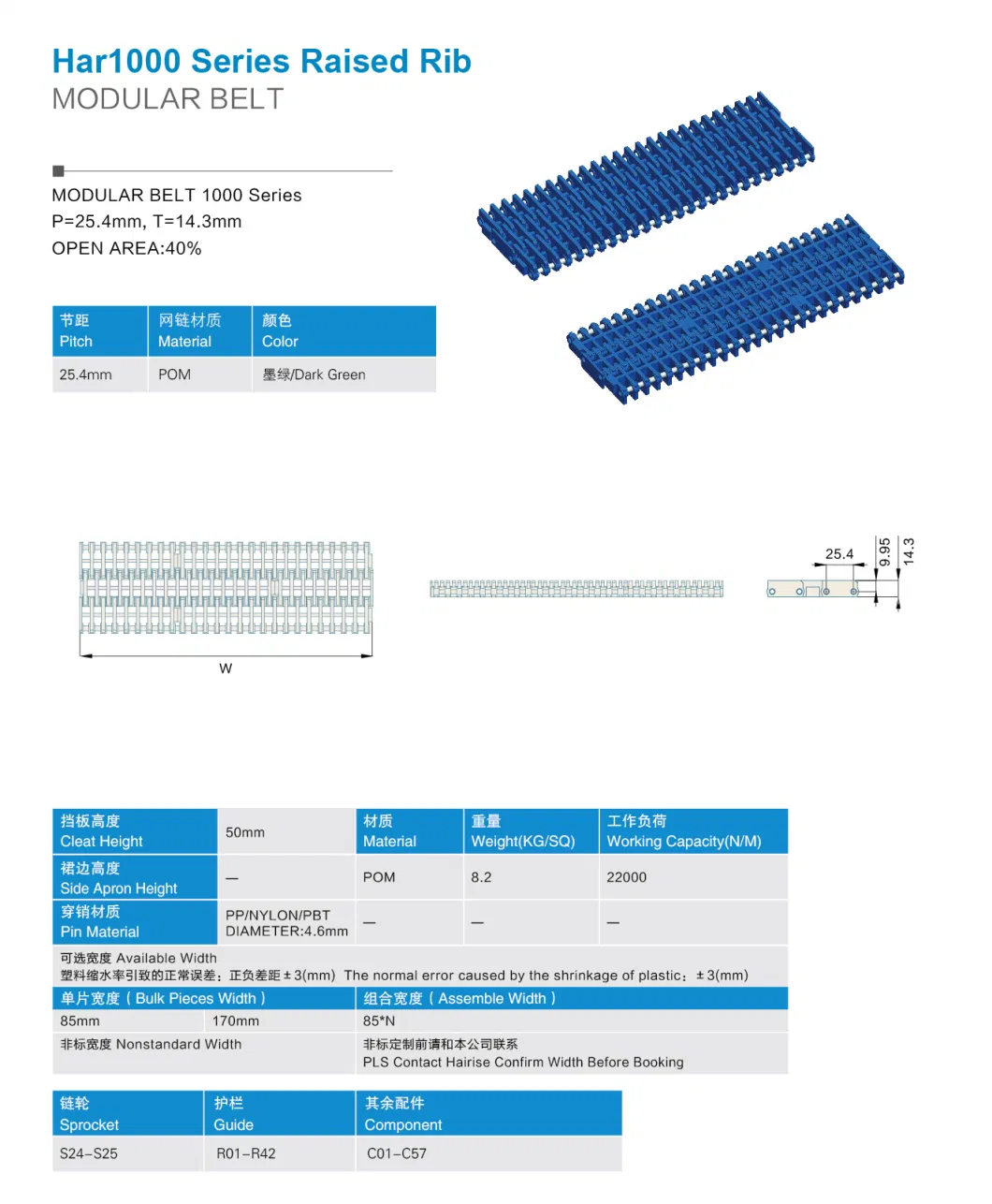 Mcc Raised Rib 1000 Narrow Plastic Food Grade Modular Belts