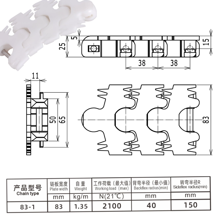 Haasbelts Plastic Conveyor 83 Finger Flexible Chain for Milk Processing Lines