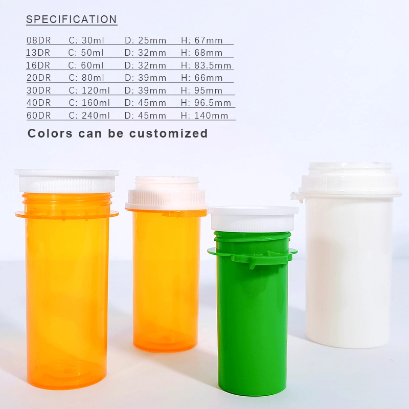 Smell Proof Plastic Hold Tab Down Bottle Capsule Pill Child Proof Packaging Prescription Medicine Reversible Cap Vials