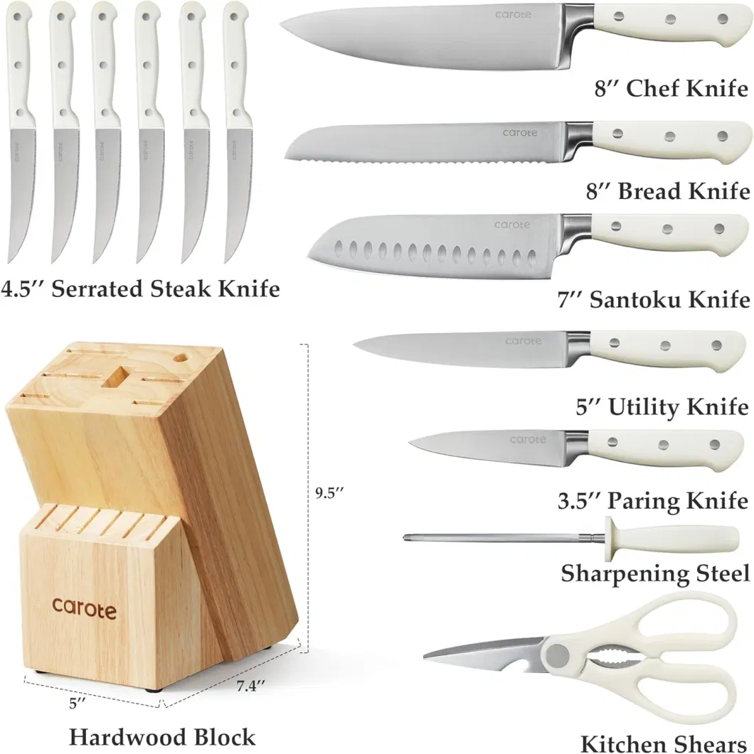 DS-4402 New Pattern - White Knife Set, 14 Piece Kitchen Knife Set with Block
