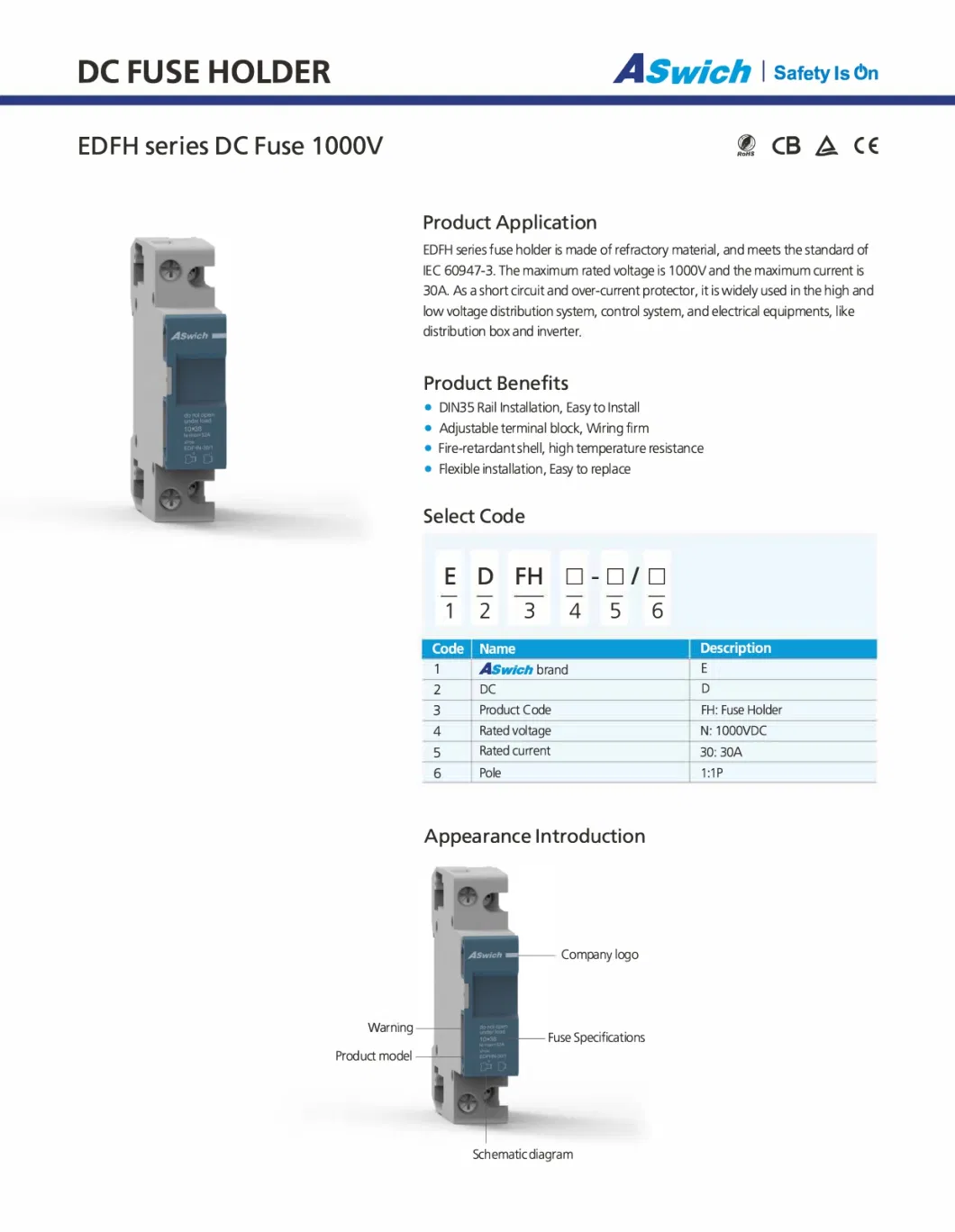 Aswich New Product Fuse Type Isolation Switch 2 Pole Low Voltage Fuse Base Support