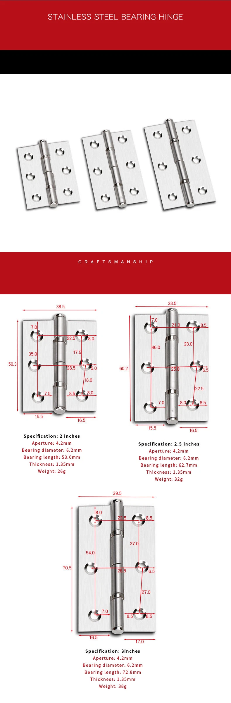 Bearings Drawing Mute Small Stainless Steel Hinges for Wooden Box with Screws