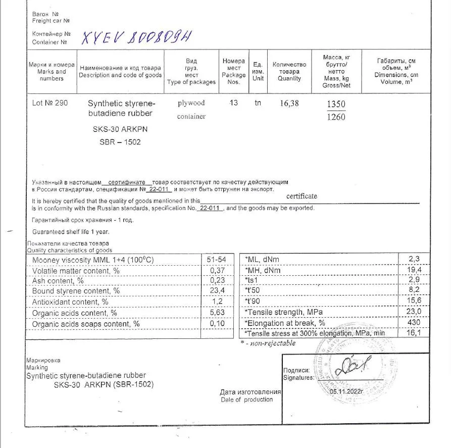 Russia Sterltiamak Styrene Butadiene Rubber 1502 for Tyre Conveyor Belt