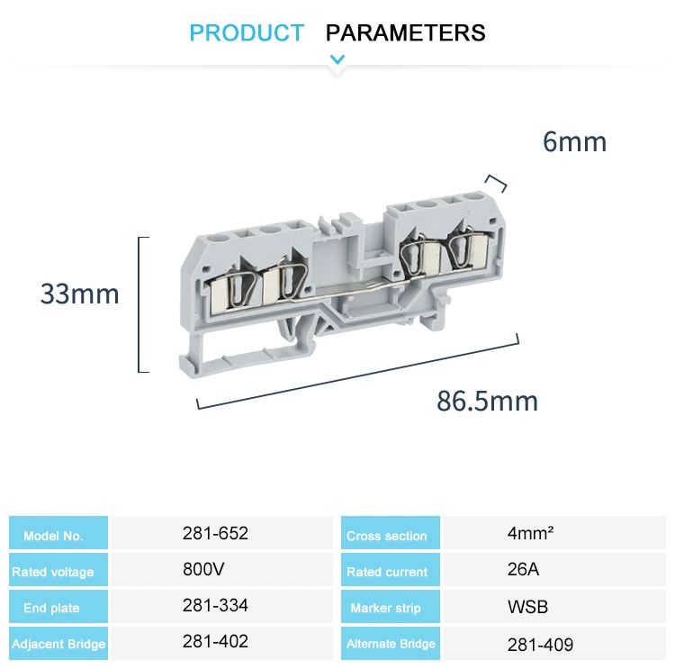 281-652 4mm Spring Cage Connection Terminal for DIN Rail