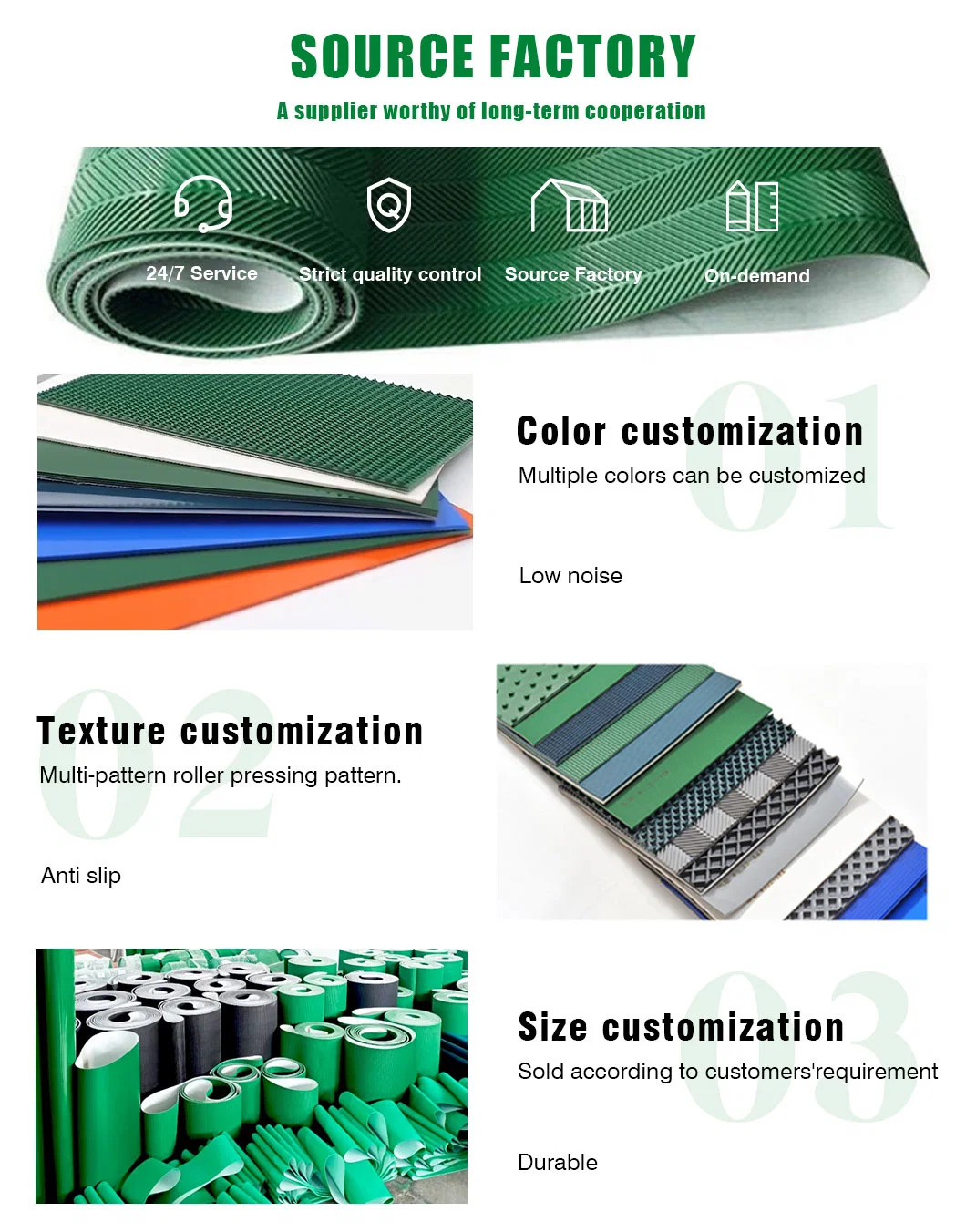 Factory Sale Wavy Super Grip Green PVC Pattern Belt Industrial Conveyor Belt in Airport and Logistics Industry