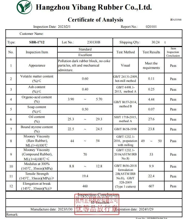 Yibang Styrene Butadiene Rubber 1712 for Tyre Conveyor Belt