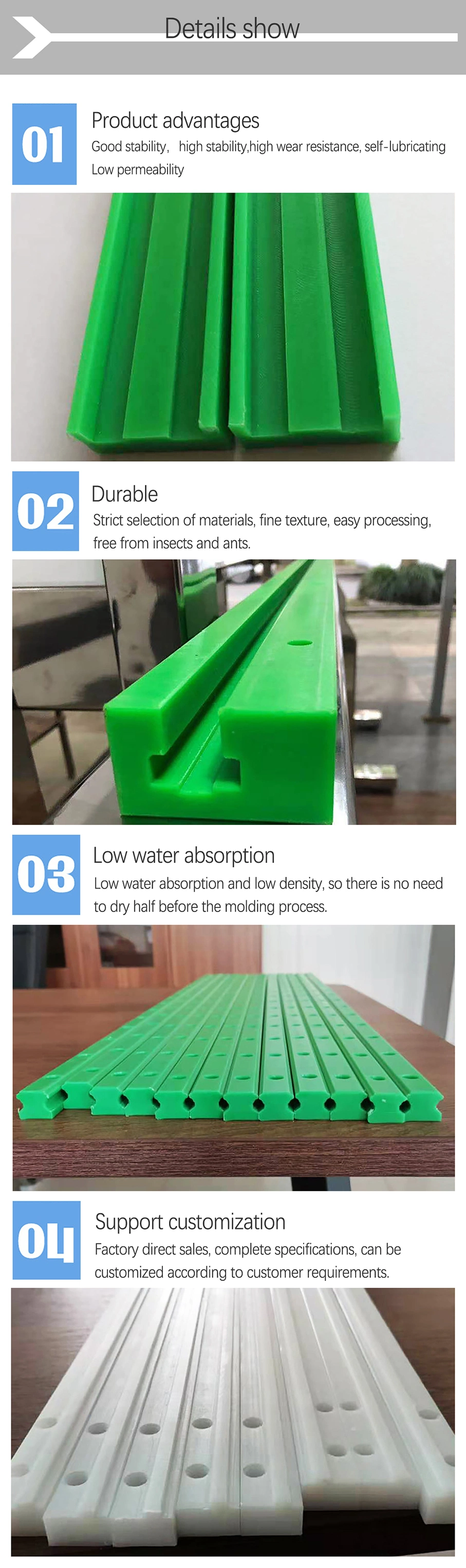 Plastic Roller Chain Sliding Conveyor Guide Rails Plastic Roller Chain Guide