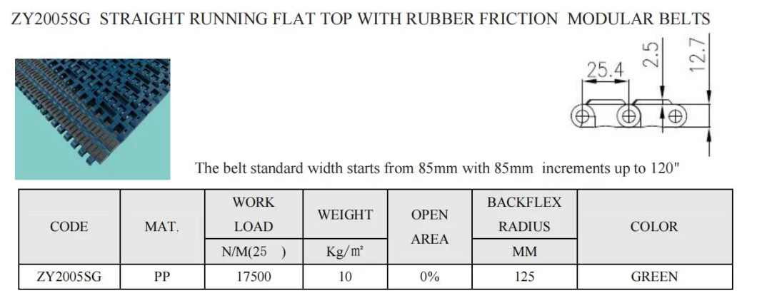 1005 Supergrip (SG) Zy2005sg Rubber Friction Modular Belts Plastic Modular Belts with Rubber Inserts