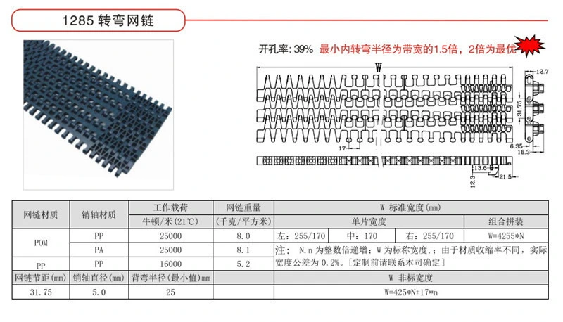 Hot Sale 1285 Type Modular Conveyor Belt for Food Industry