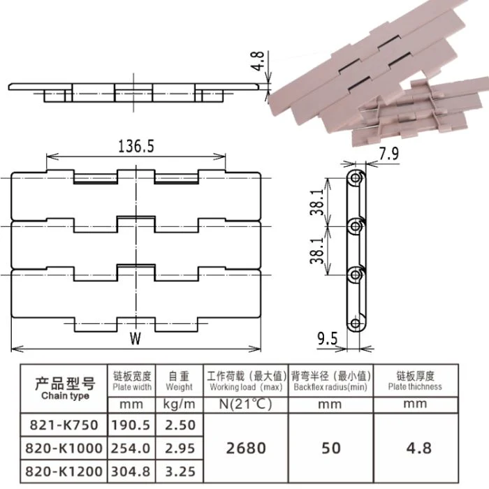 Haasbelts Conveyor Chains Straight Run 821 Plastic Table Top Chain