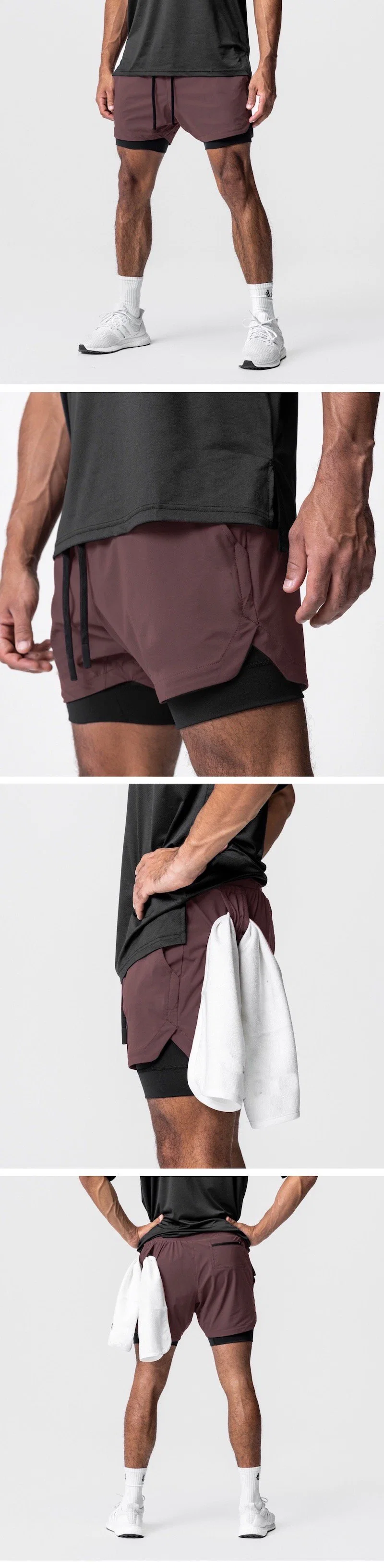 Hot Selling Two Layers Fast Dry Zip Pocket Running Shorts for Men, 2 in 1 Athletic Tennis Short Pants with Multi Pockets + Towel Loop Gym Workout Bottom Wear