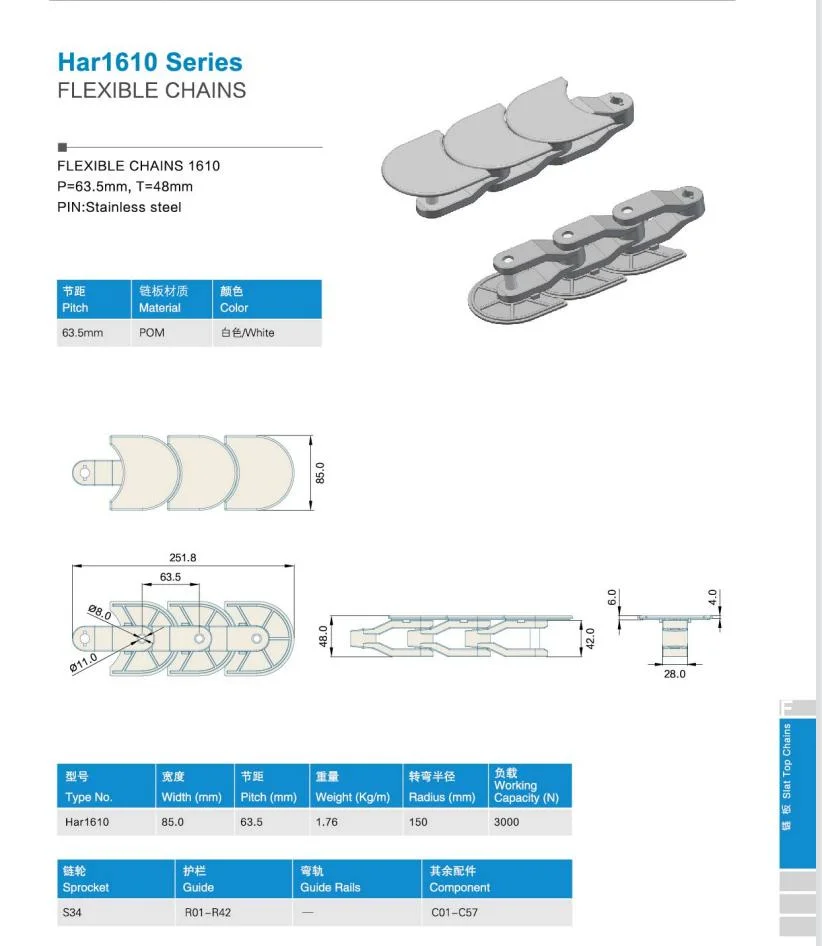 Popular Har1610 Series Material POM/PP Flexible Overhead Conveyor Chain Wtih ISO Certificate