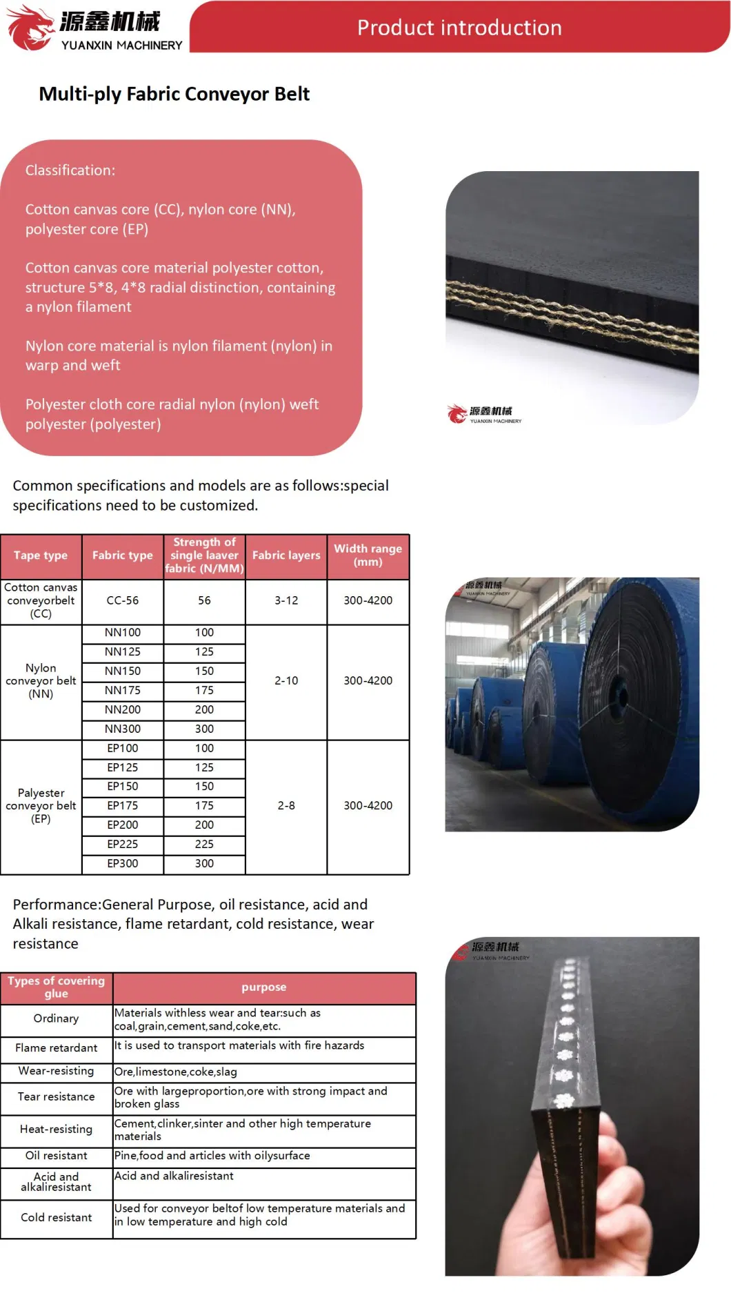 Coal Mining Conveyor System Tear Resistant/Wear Resistant/Heat Resistanct/Fire Resistant/Oil Resistant/Acid and Alkali Resistant Rubber Conveyor Belt