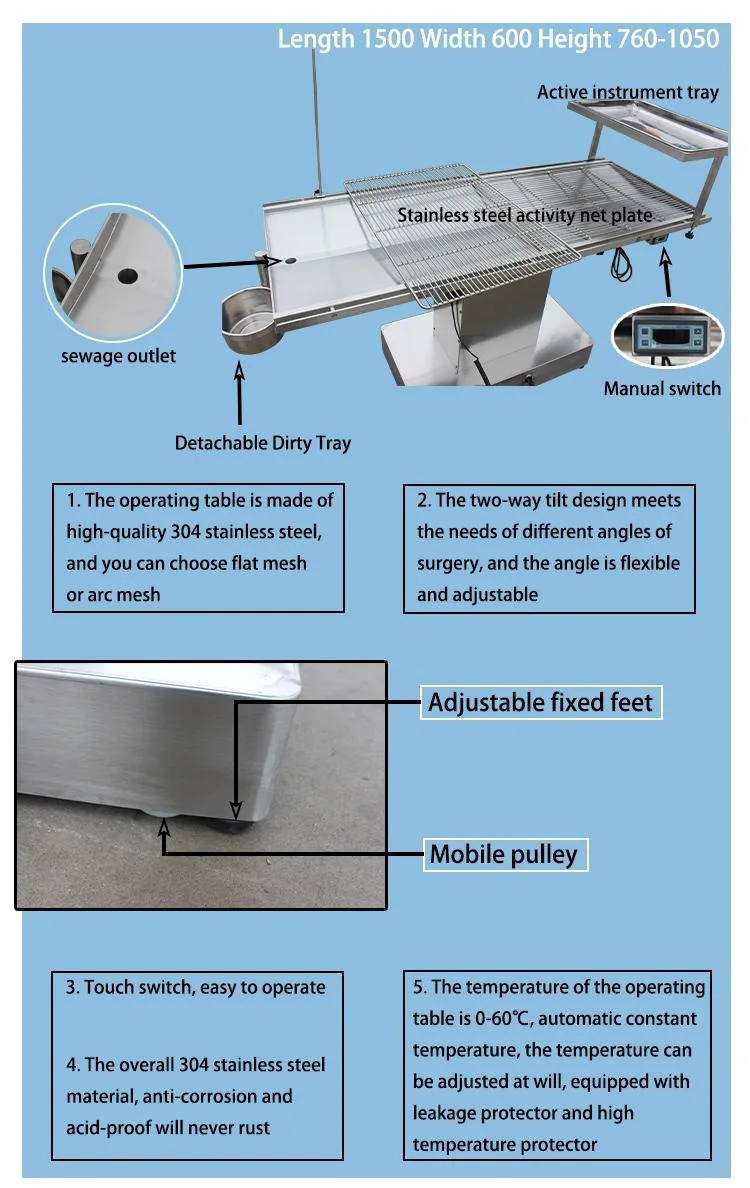 Stainless Steel Operating Table Constant Temperature Bi-Directional Tilt Lift Vet Examination Table