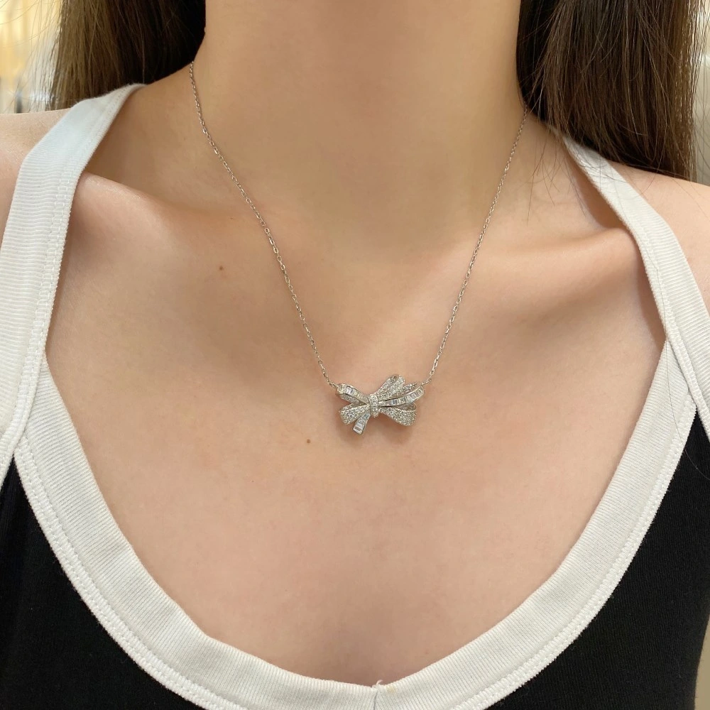 S925 Sterling Silver Bow Women&prime;s Miniature Inlaid Zircon Clavicle Chain