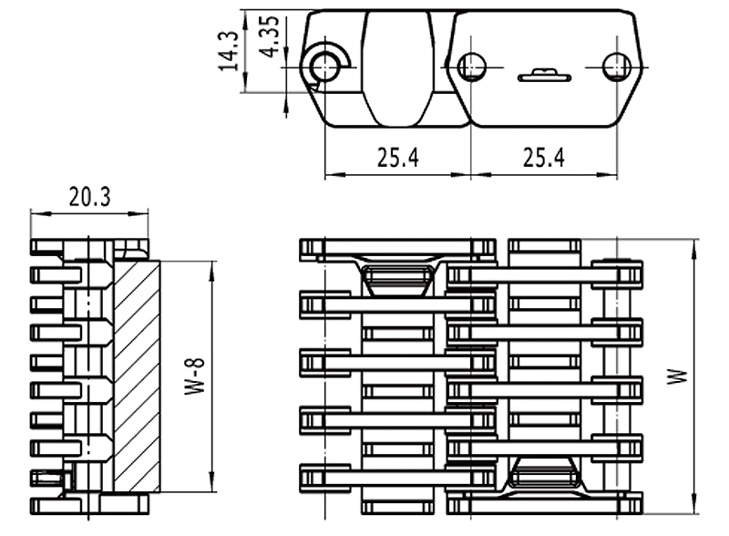 Haasbelts Chains Raised Rib 1000 Narrow with Railtrack Plastic Modular Conveyor Belt