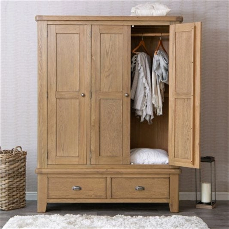 Solid Oak Rustic Large Storage Bedroom Wooden Wardrobe, with 3 Door, 2 Drawer, Hanging Rod, Wholesale Wood Wall Locker, Modern Clothes Closet