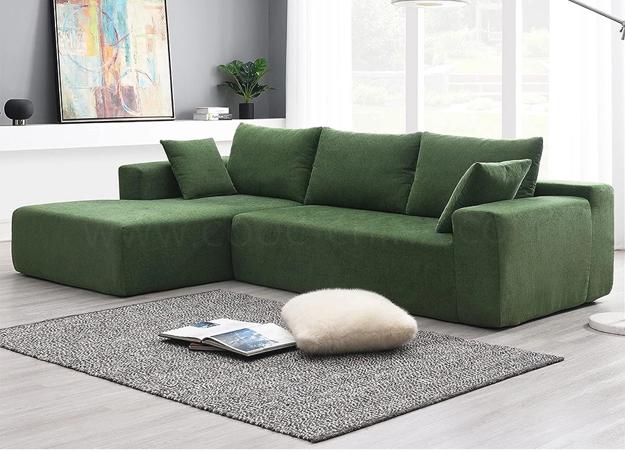 Green Small Hotel Living Room Modern Leather Velvet Fabric Floor Sofa Set L Shaped Modular Sectional Sofa