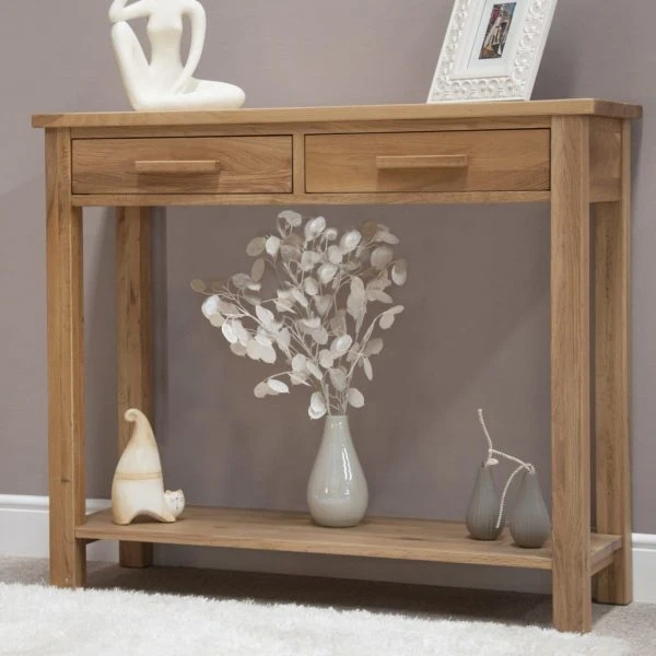 High Quality Modern Nordic Solid Oak Natural Wooden Console Table with 2 Drawers 1 Shelf, Used for Hallway, Living Room, Bedroom, Behind Couch/Sofa, Corridor