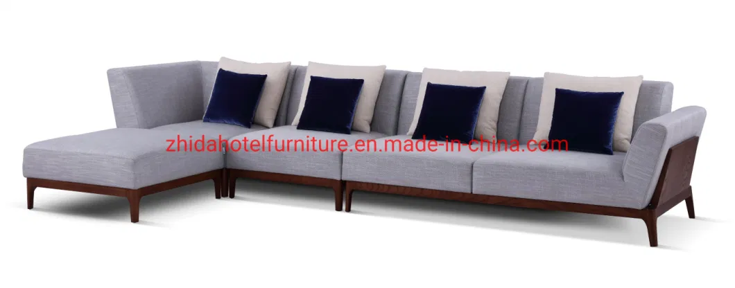 L Shape Living Room Walnut Fabric Home Hotel Lobby Bedroom Furniture Sofa Set