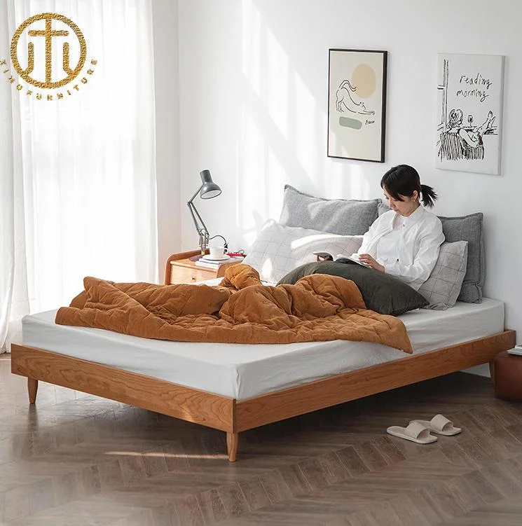 Modern Simple Japanese Cherry Wood Double Bed for Bedroom Furniture