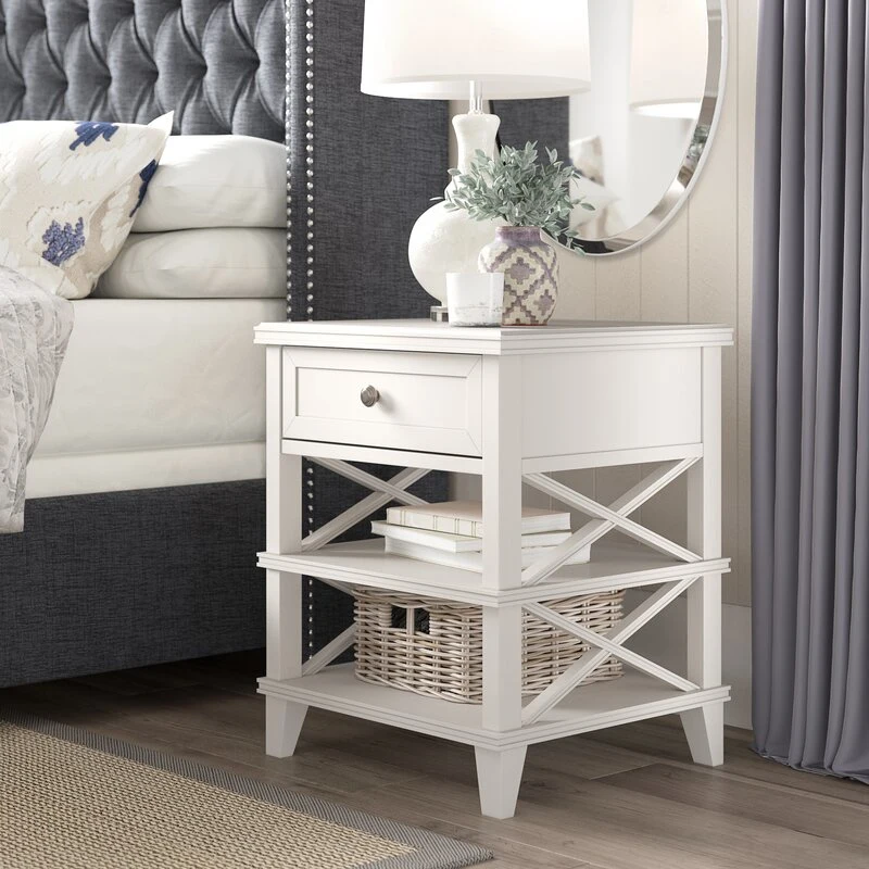 Mirrored Furniture White X-Design Bedside Table Wooden Nightstand End Table Bedroom Furniture with 1 Drawer