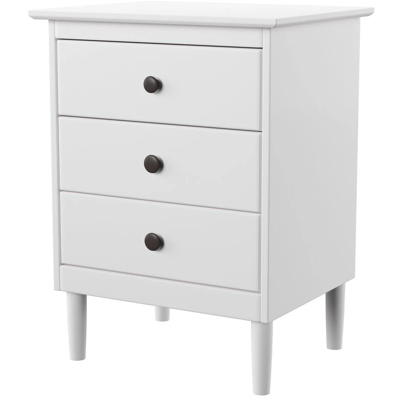 Mirrored Furniture White Bedside Table Solid Wood 3 Drawer Nightstand Bedroom Furniture