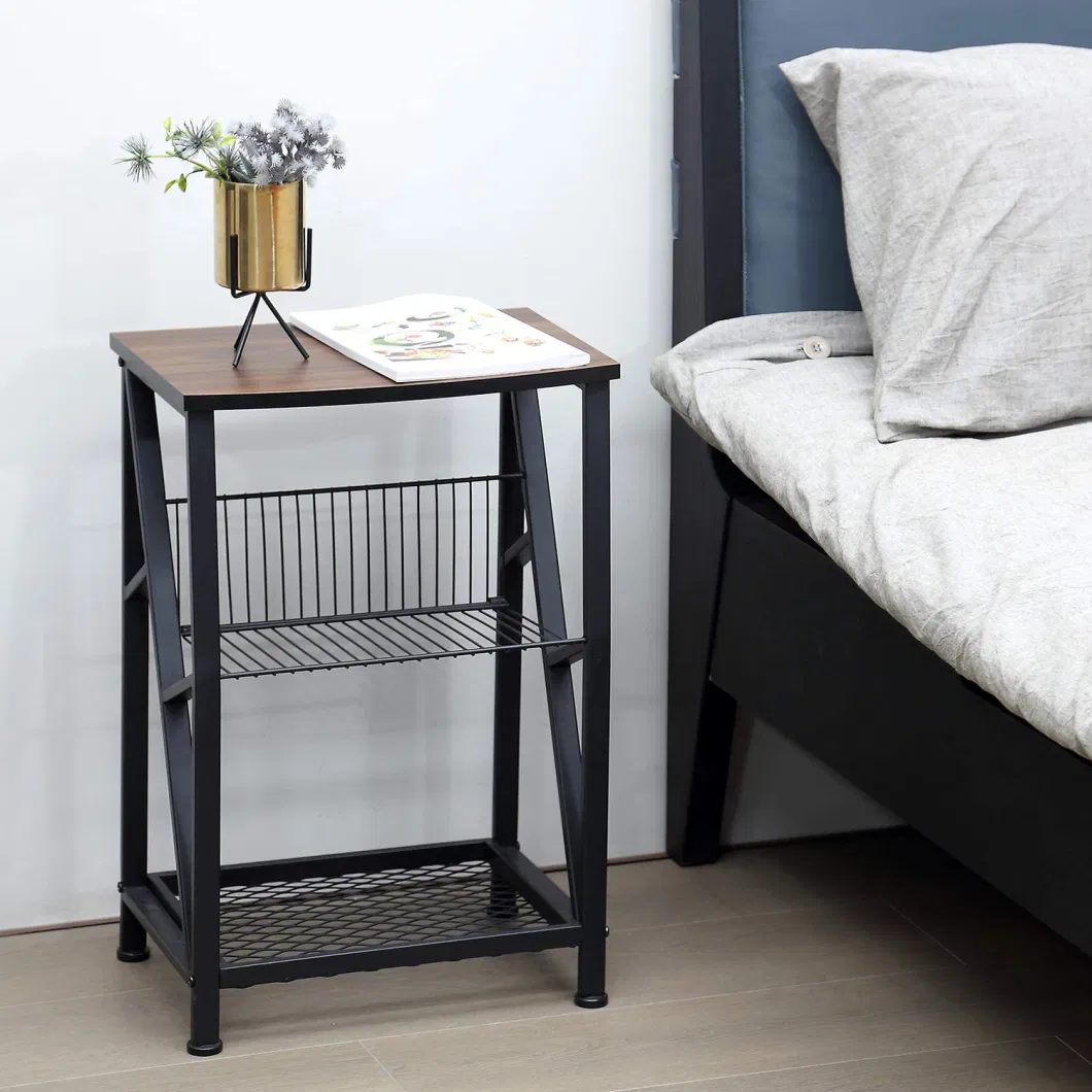 Vintage Brown Nightstand 3-Tier X-Design End Table Display Shelves Home Furniture