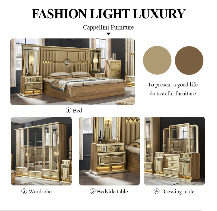 Classic Royal Luxury Gold King Size Double Bed Villa Home Master Room Queen MDF Wooden Full Set Bedroom Furniture