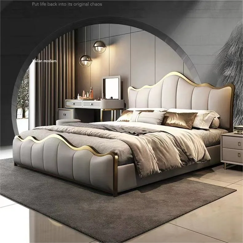 Light Luxury Modern Bed Italian Simple Double Bed Master Bedroom Storage Leather Bedroom Furniture