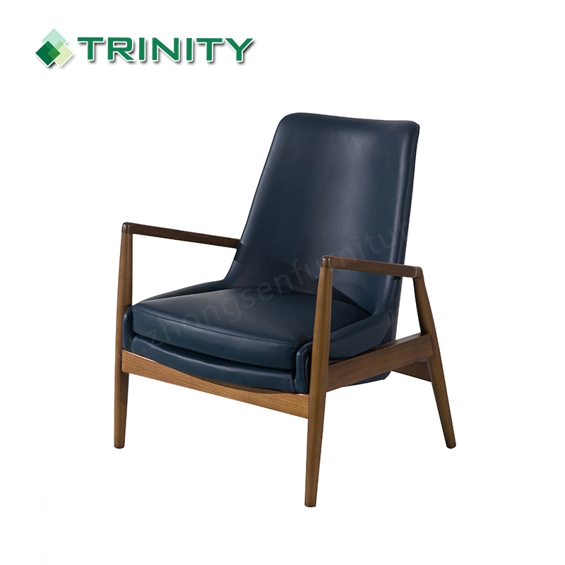 Luxury Wood Leather Hotel Accent Leisure Lounge Arm Chair for Living Room Lobby Bedroom