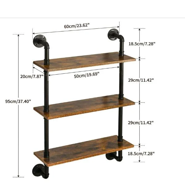 Industrial Pipe Shelves, 3-Tier Rustic Wall Mount Bookcase, Metal Bracket Storage Wall Shelf for Bedroom, Kitchen, Living Room